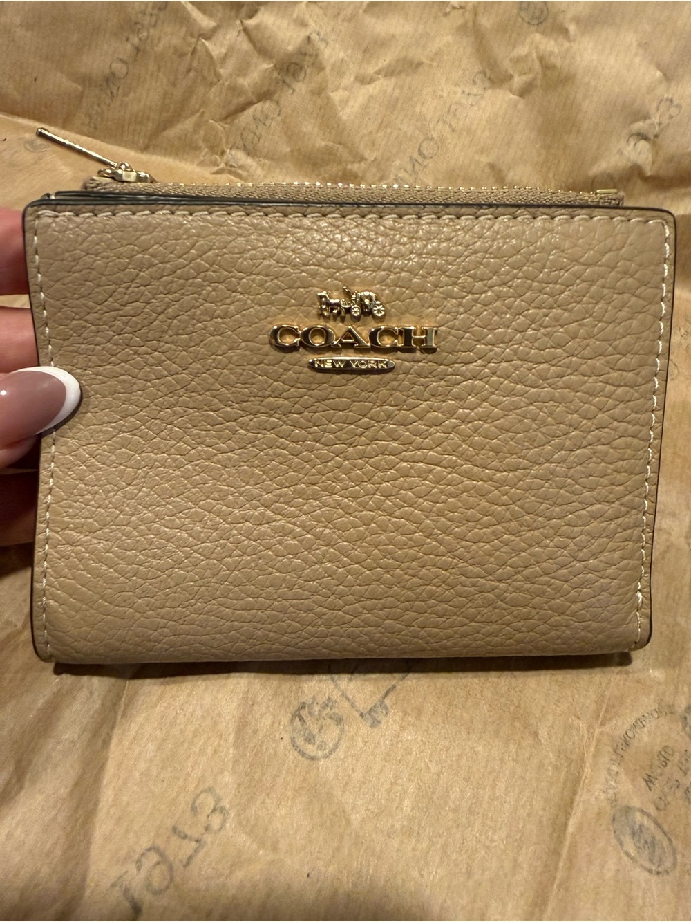 Coach Pebbled Leather Wallet in Taupe Beige with Gold Logo